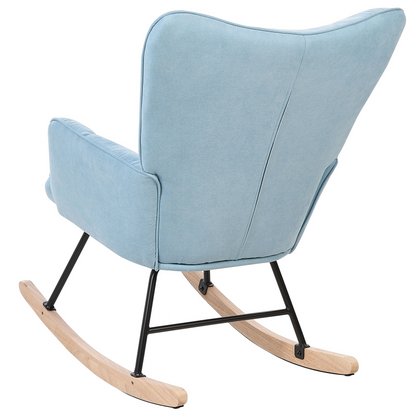 Blue Biscuit Tufted Rocking Chair With Wooden Legs And Rubber Skates Plush Upholstery