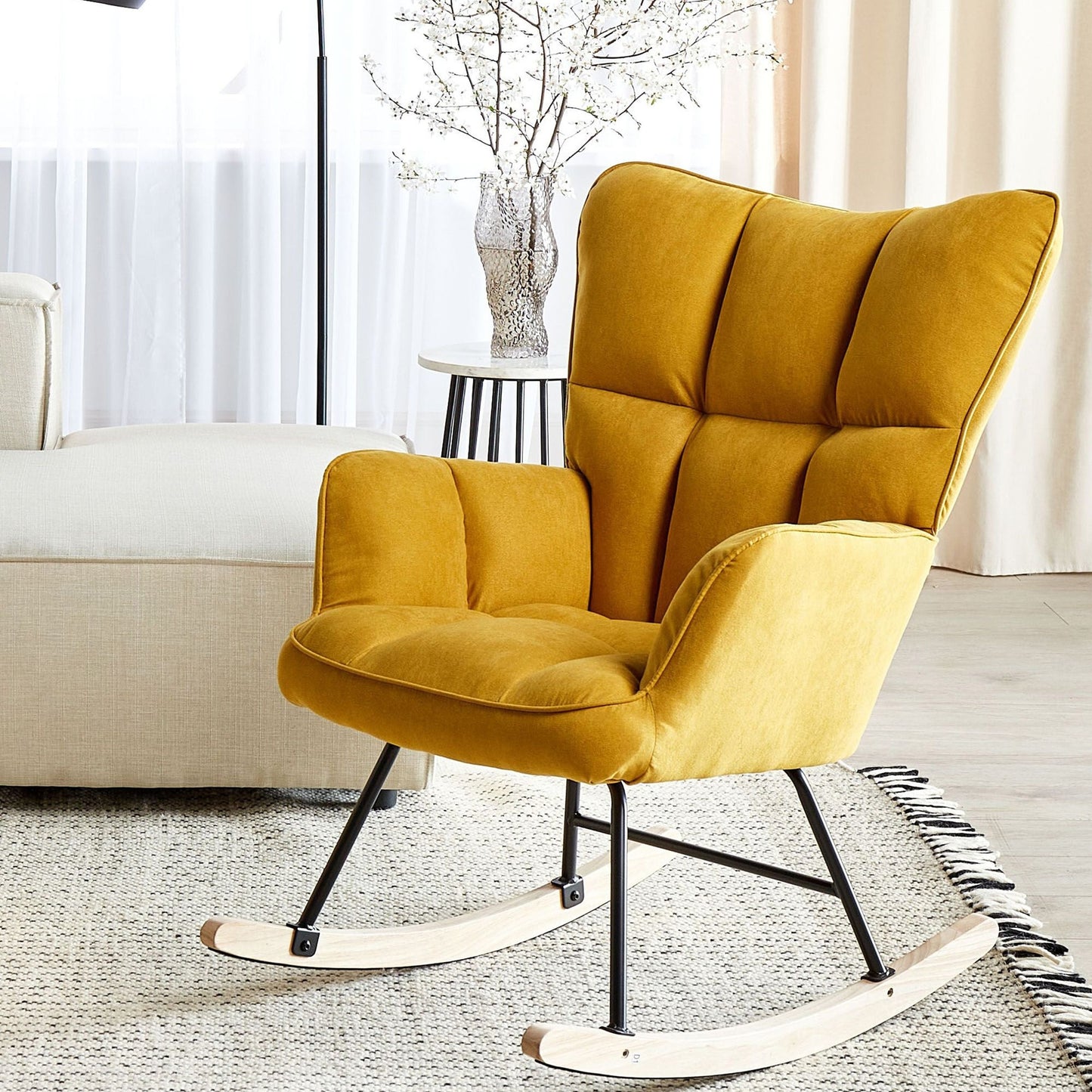 Rocking Chair Yellow Polyester Upholstery With Wooden Legs And Biscuit Tufting