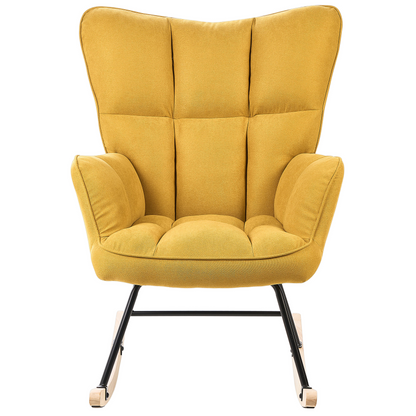 Rocking Chair Yellow Polyester Upholstery With Wooden Legs And Biscuit Tufting