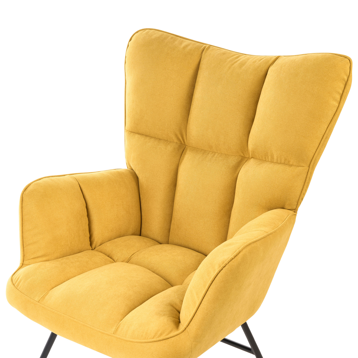 Rocking Chair Yellow Polyester Upholstery With Wooden Legs And Biscuit Tufting