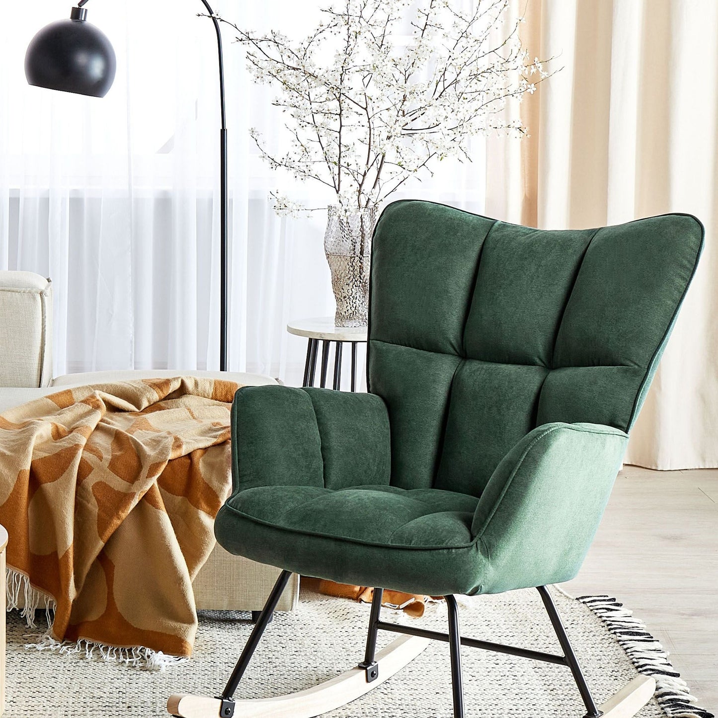Rocking Chair Dark Green Biscuit Tufted Upholstery With Wooden Skates