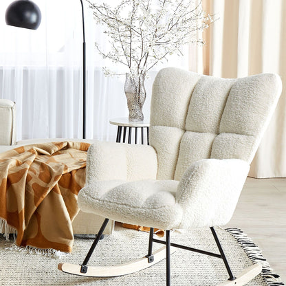 Rocking Chair White Boucle Tufted Biscuit With Wood Legs