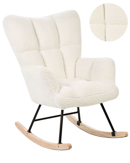 Rocking Chair White Boucle Tufted Biscuit With Wood Legs