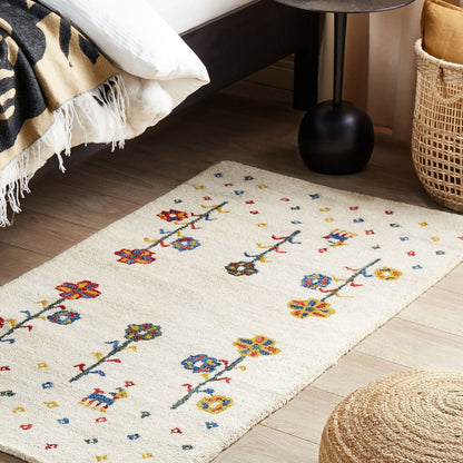 Wool Area Rug 80 x 150 Beige Floral Pattern Hand Tufted
