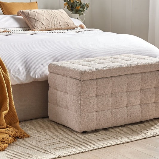 Beige Boucle Ottoman Bench With Storage Tufted Modern