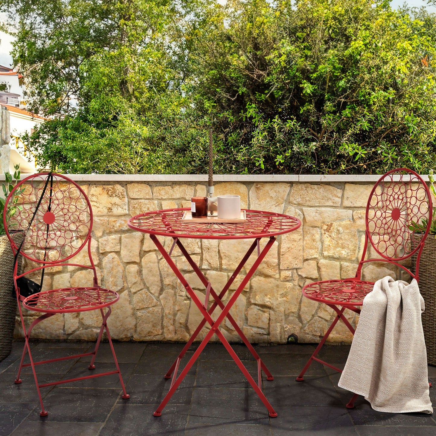 Provence Home Red Iron Garden Bistro Chairs 2 Foldable Outdoor