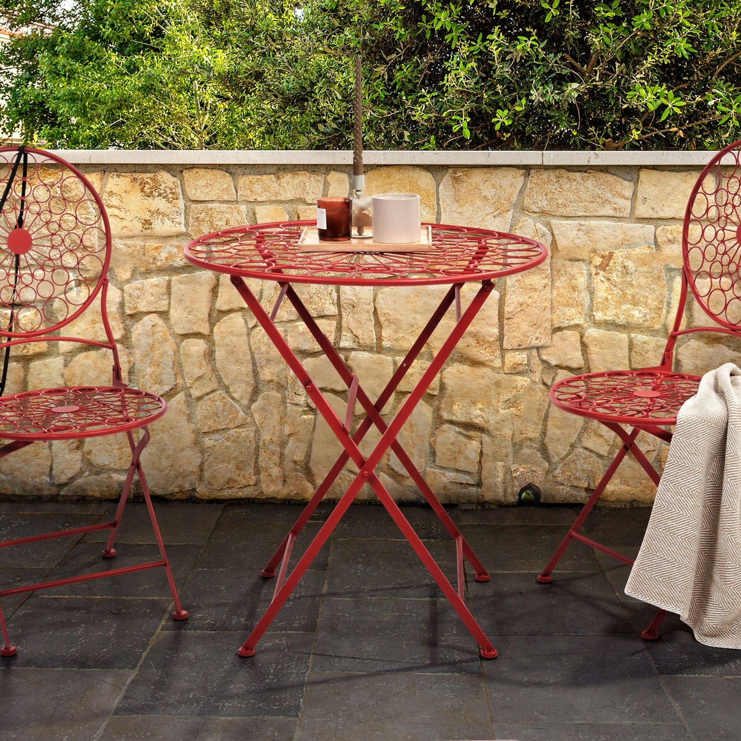 Garden Bistro Red Iron Foldable 2 Chairs Table Set UV Rust Resistant