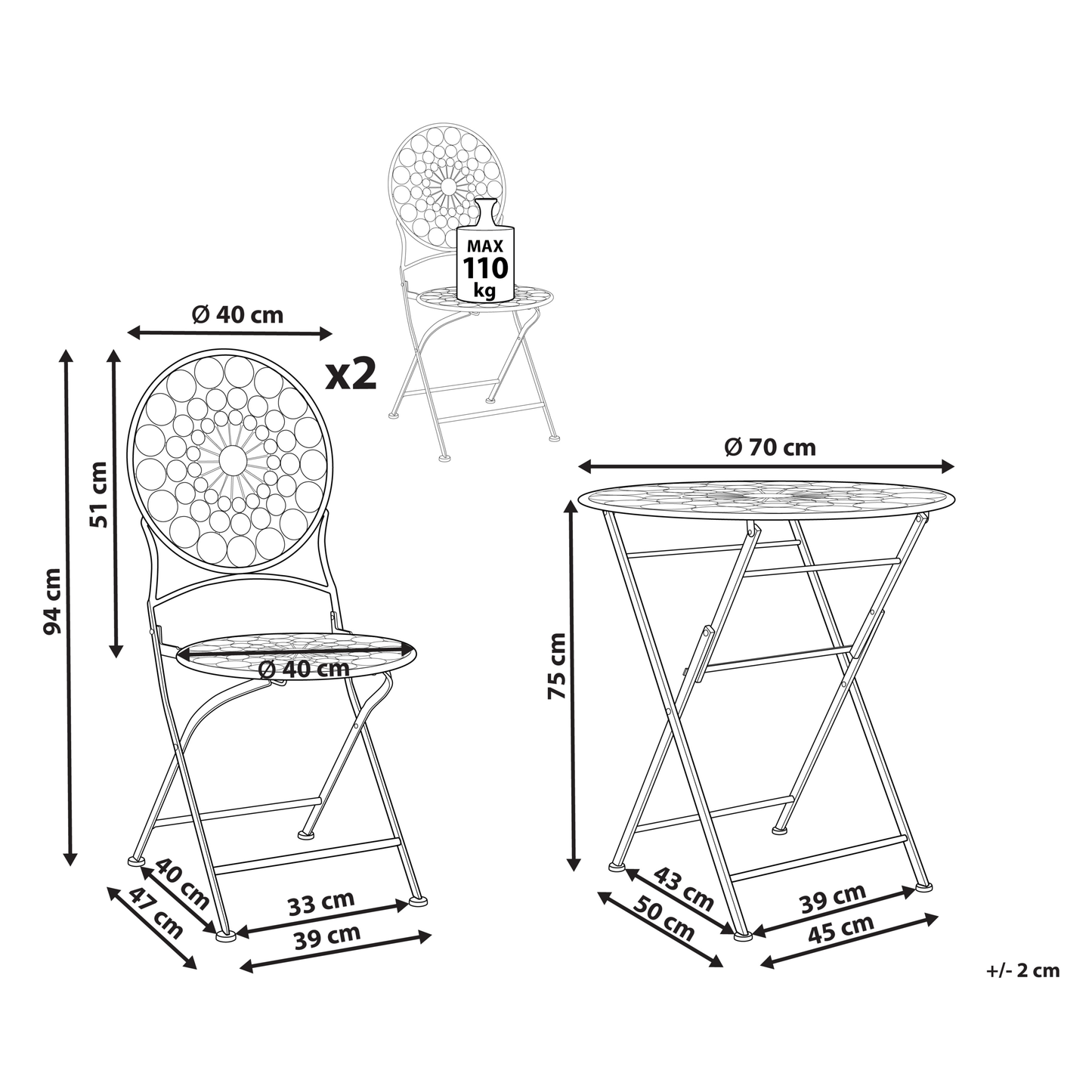 Garden Bistro Red Iron Foldable 2 Chairs Table Set UV Rust Resistant