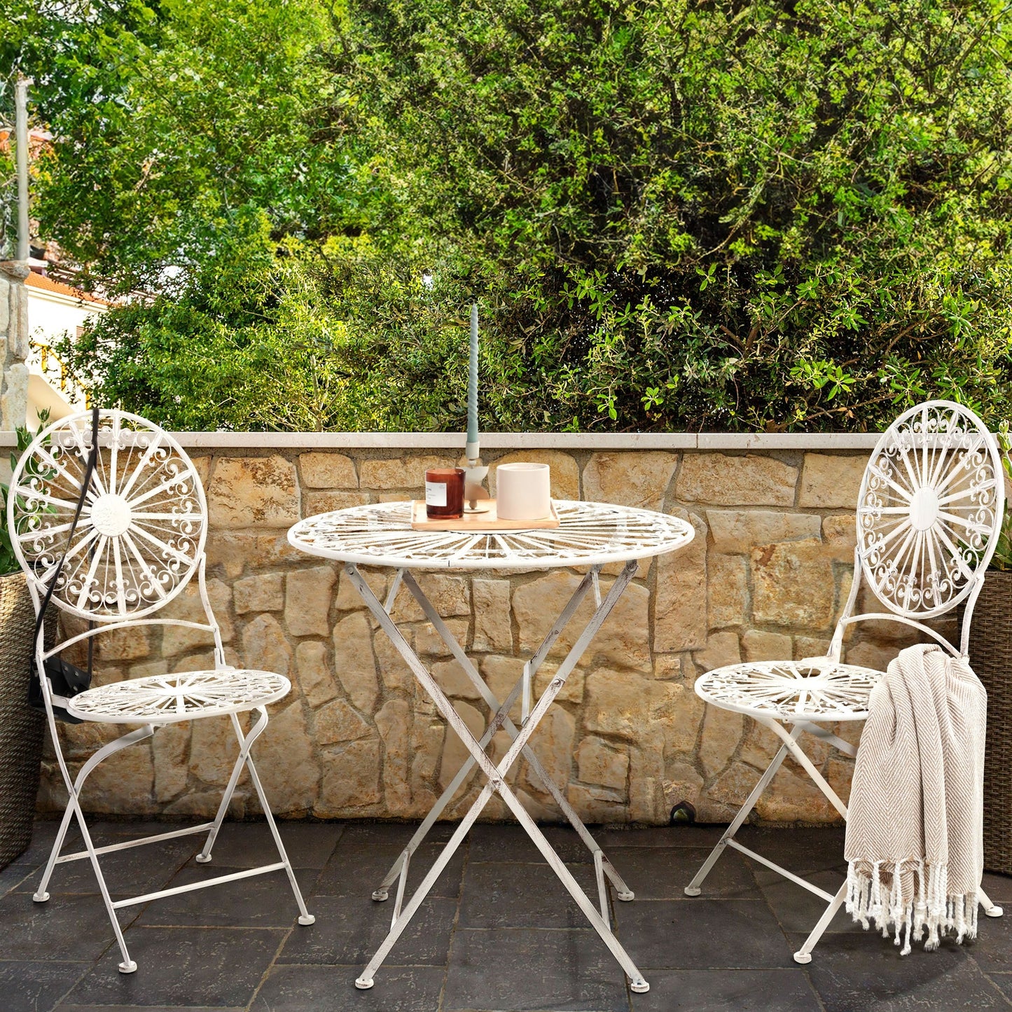 Set Of 2 White Iron Garden Bistro Chairs Foldable Outdoor Distressed Finish UV Resistant French Retro Style