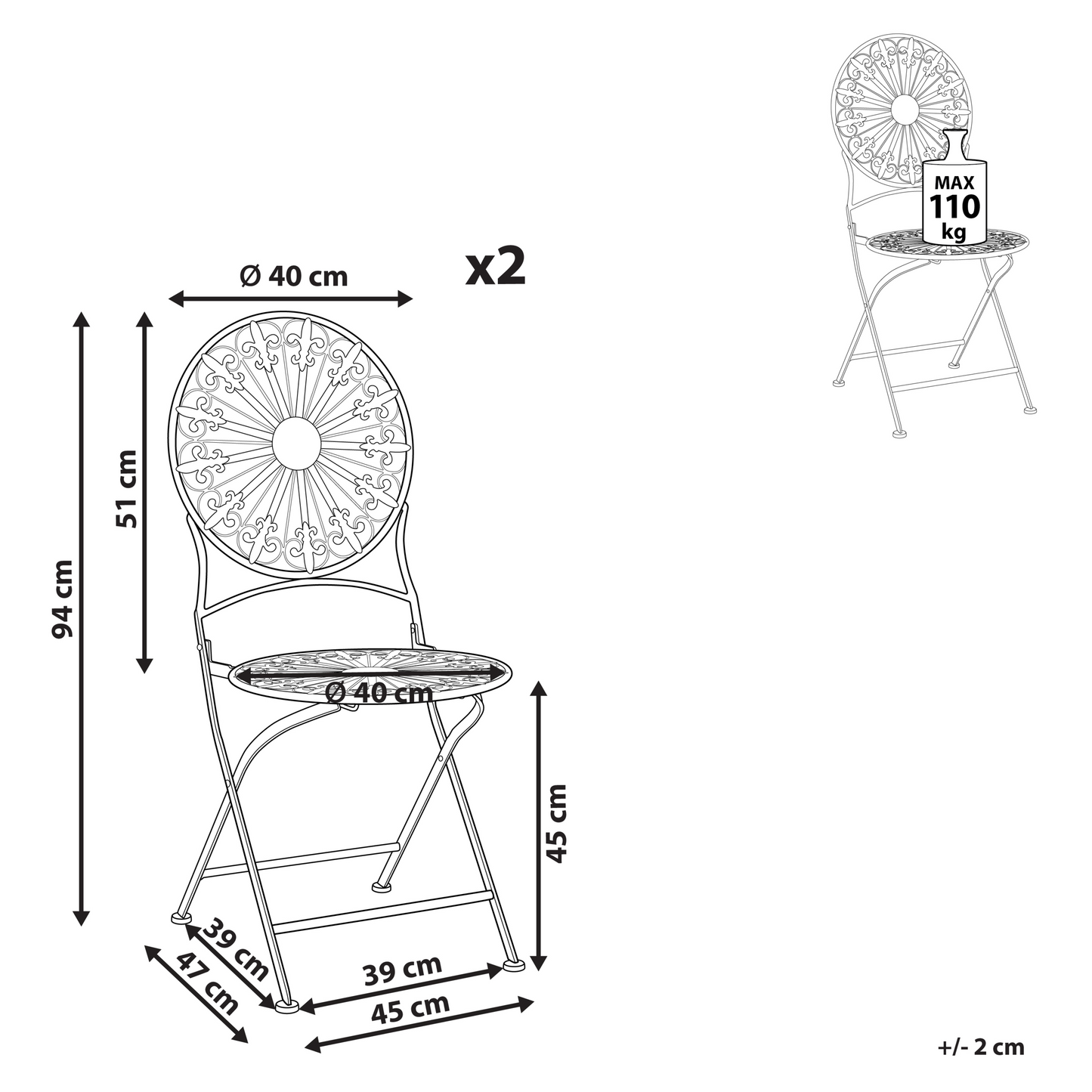 Set Of 2 White Iron Garden Bistro Chairs Foldable Outdoor Distressed Finish UV Resistant French Retro Style
