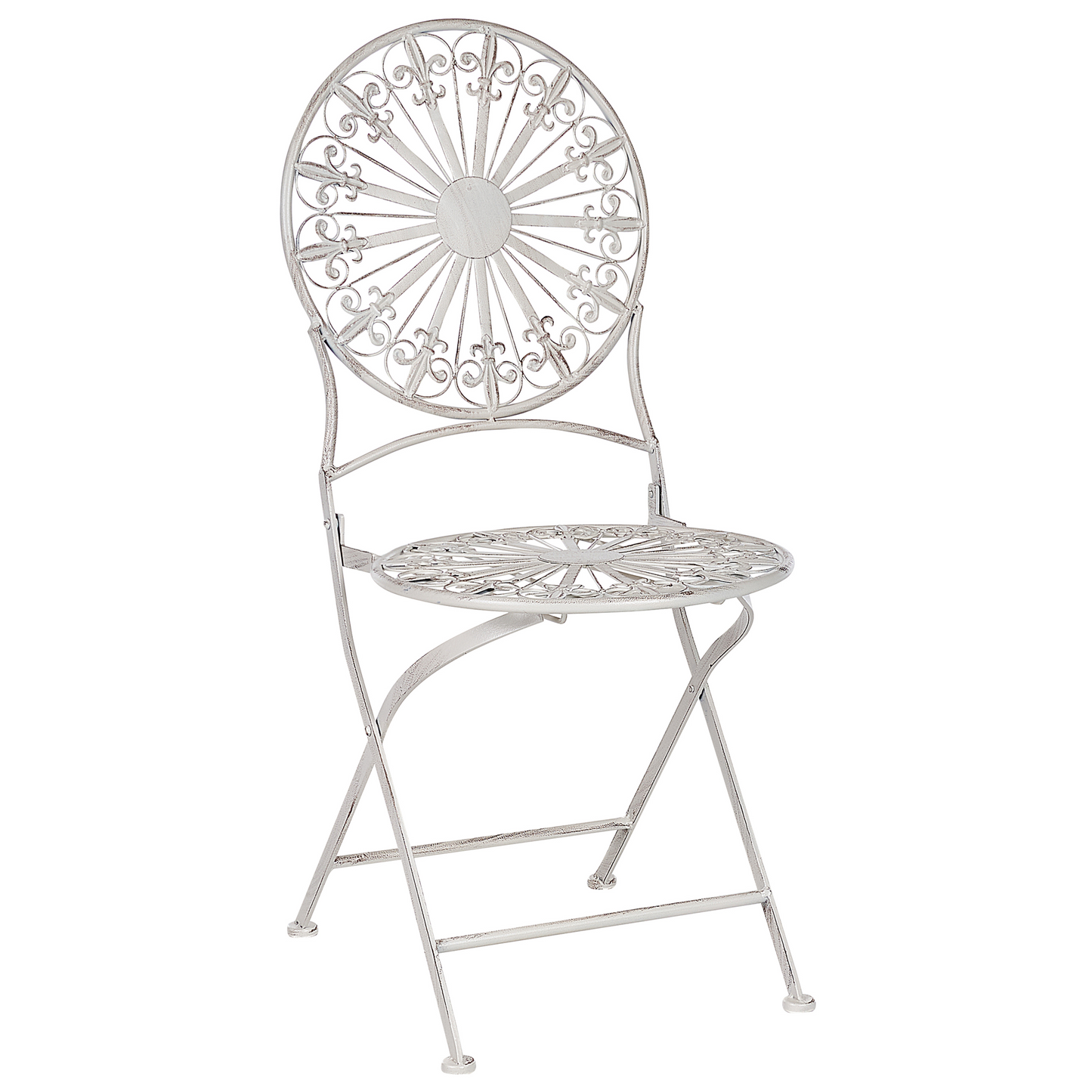 Set Of 2 White Iron Garden Bistro Chairs Foldable Outdoor Distressed Finish UV Resistant French Retro Style
