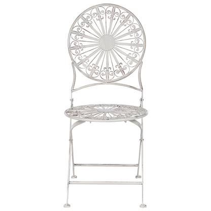 Set Of 2 White Iron Garden Bistro Chairs Foldable Outdoor Distressed Finish UV Resistant French Retro Style