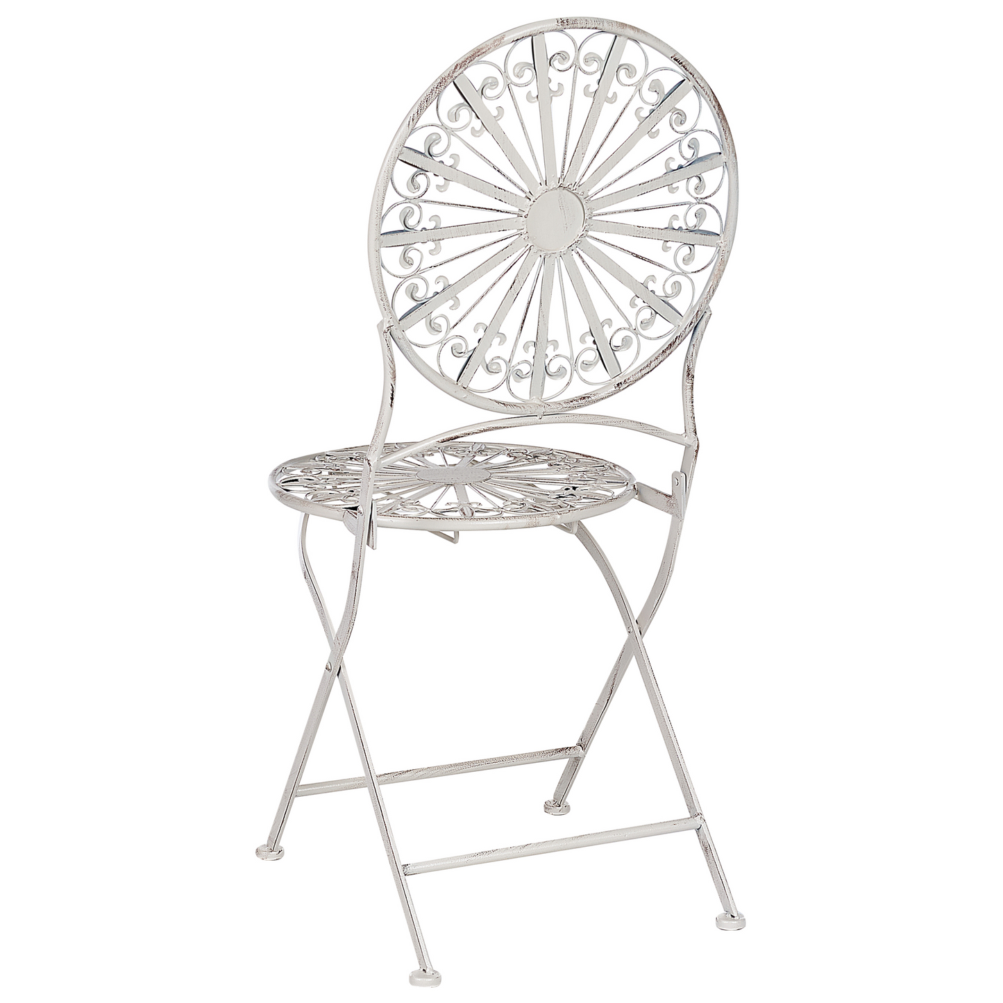 Set Of 2 White Iron Garden Bistro Chairs Foldable Outdoor Distressed Finish UV Resistant French Retro Style