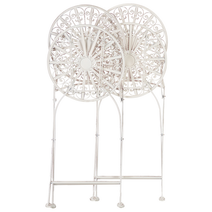 Set Of 2 White Iron Garden Bistro Chairs Foldable Outdoor Distressed Finish UV Resistant French Retro Style