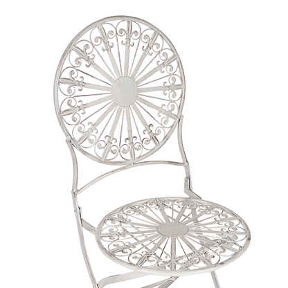Set Of 2 White Iron Garden Bistro Chairs Foldable Outdoor Distressed Finish UV Resistant French Retro Style