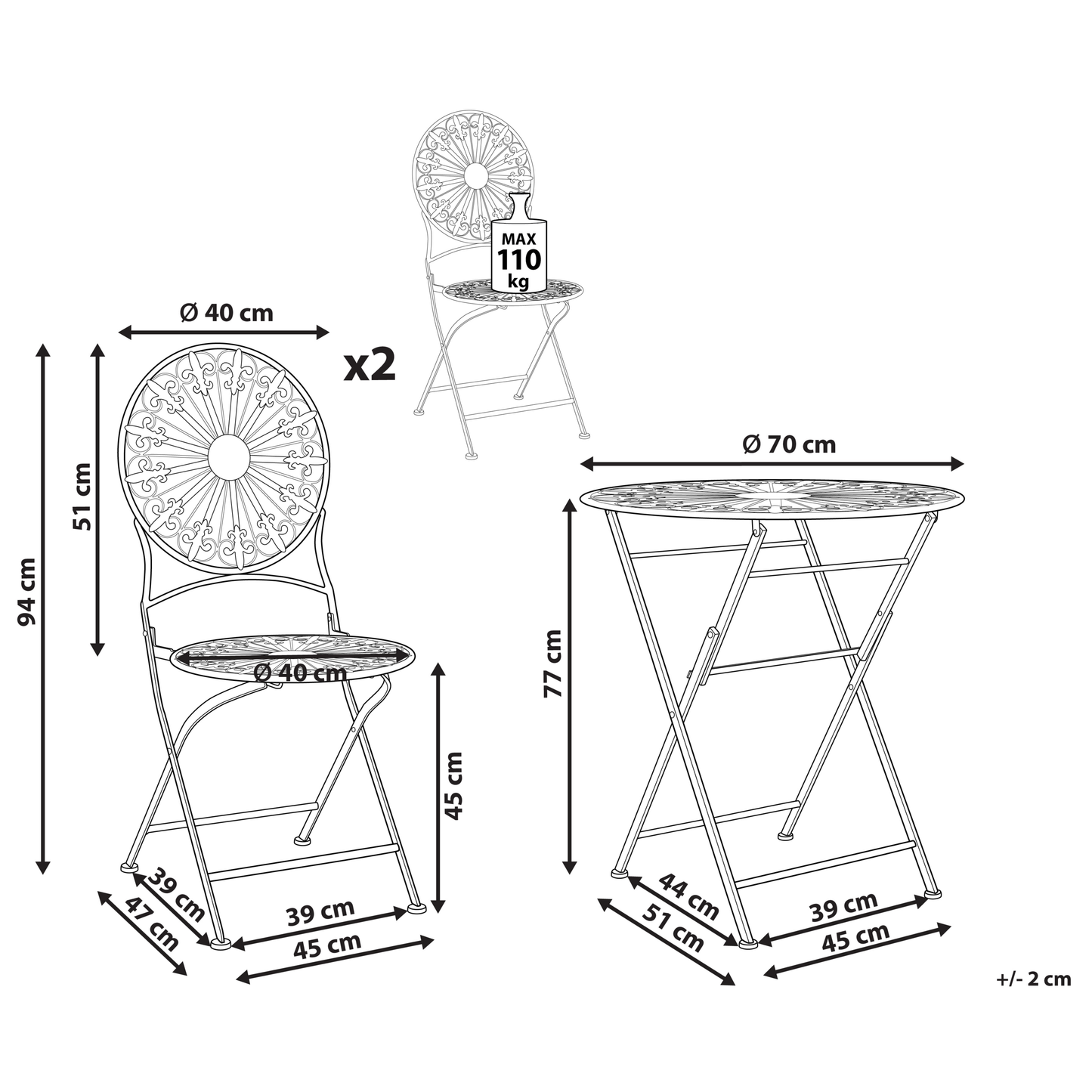 Garden Bistro White Iron Foldable Round Table and 2 Chairs