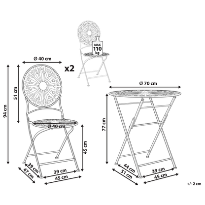 Garden Bistro White Iron Foldable Round Table and 2 Chairs