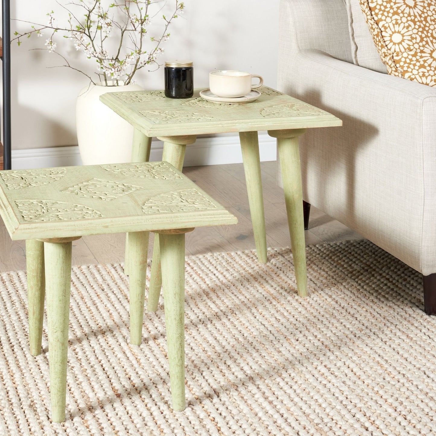 Green Gold Nesting Side Tables Distressed Mango Wood Square Set Of 2