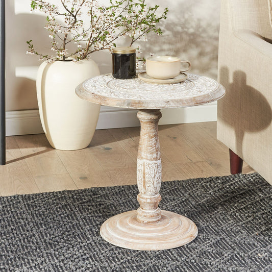 Co Side Table Off White Round 45cm Carved Pattern