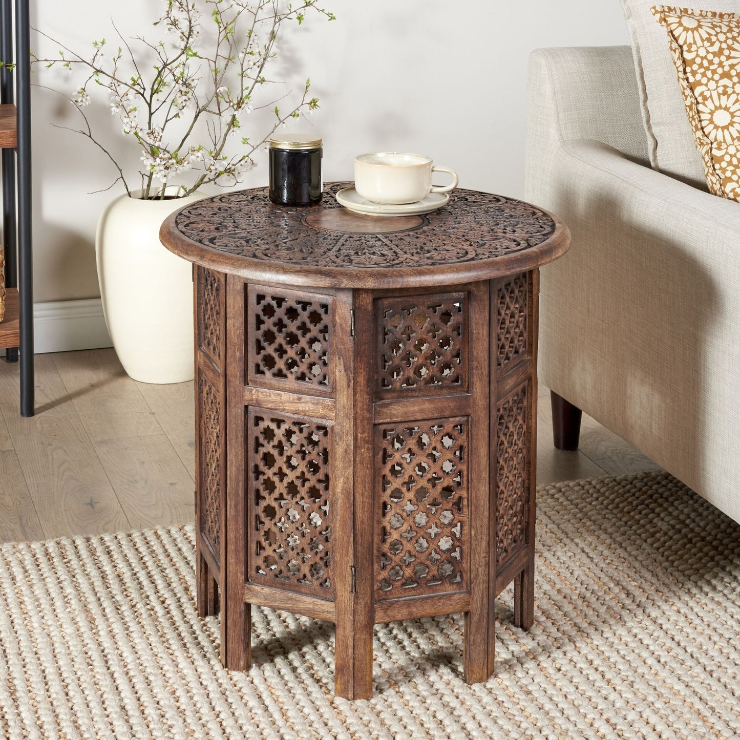 Side Table Dark Mango Wood Round Carved Top Dia 53cm