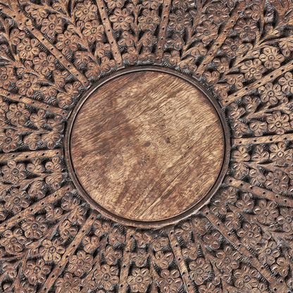 Side Table Dark Mango Wood Round Carved Top Dia 53cm