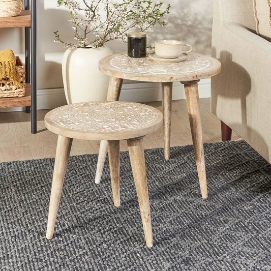 Set of 2 Nesting Side Tables White Distressed Mango Wood