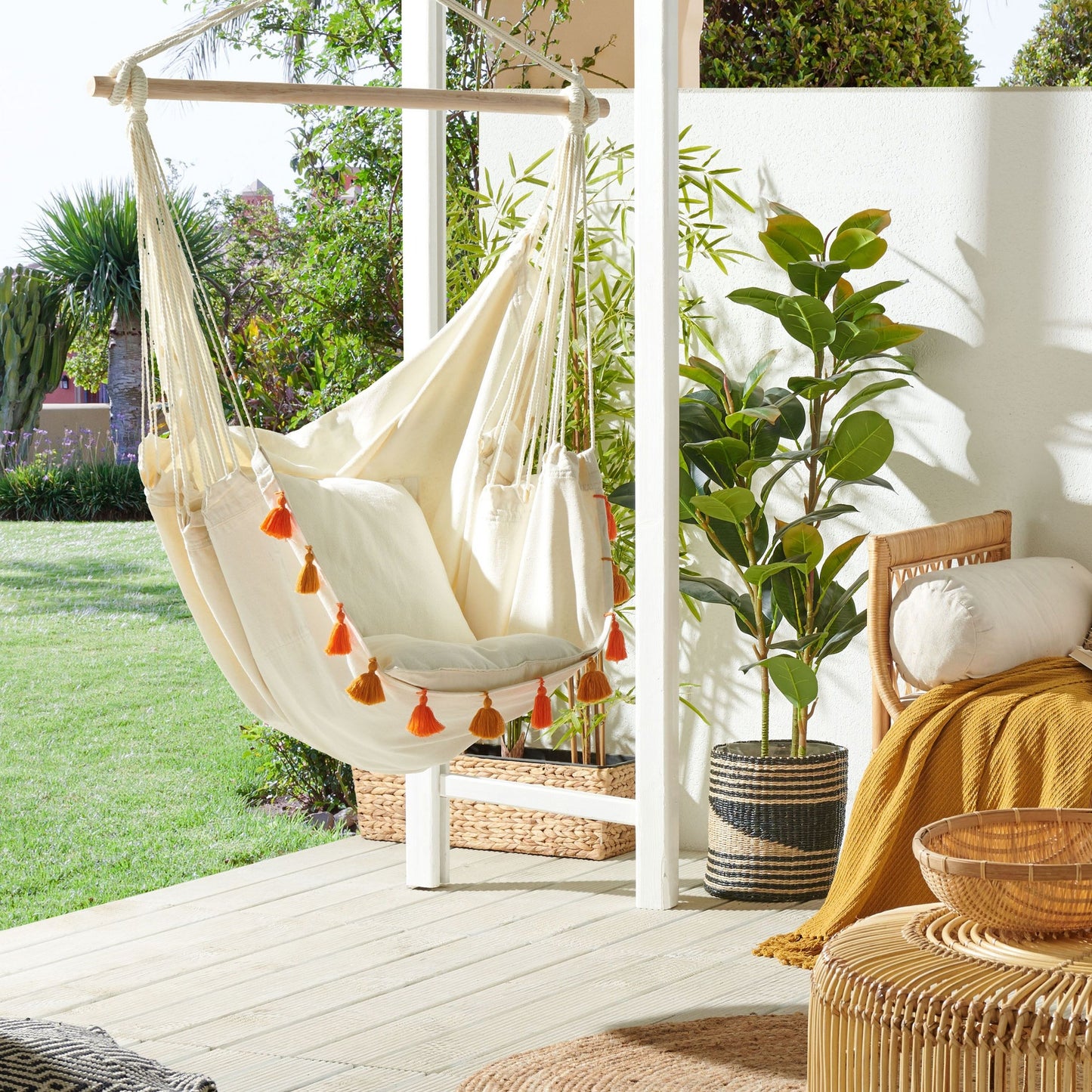 Hanging Hammock Chair Beige Cotton Blend