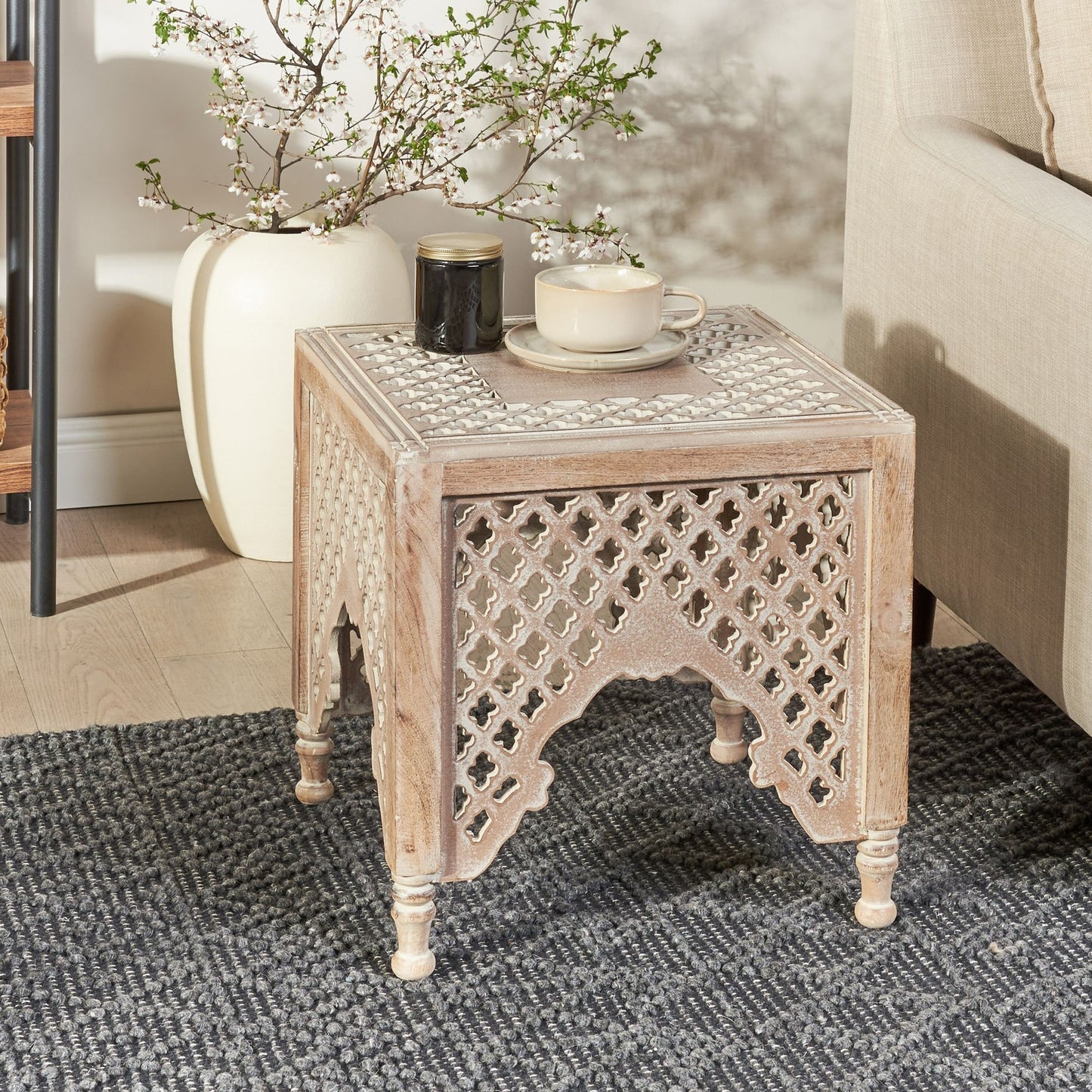 Natural Mango Wood Side Table 40 x 40cm Decorative Coffee Table Oriental Design