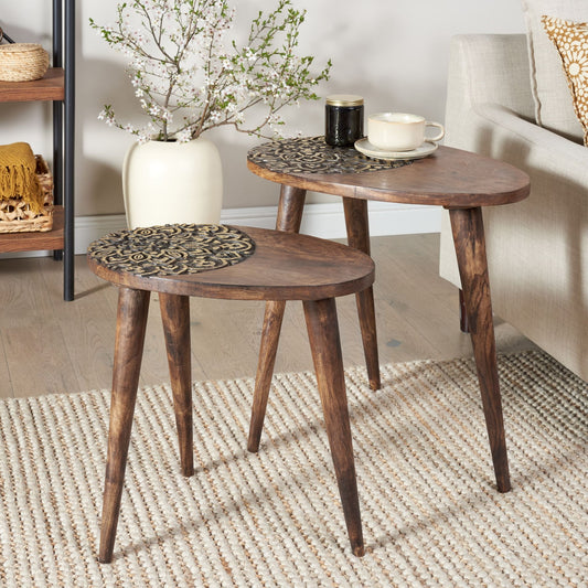 Co Dual Side Tables Dark Mango Wood With Floral Carving