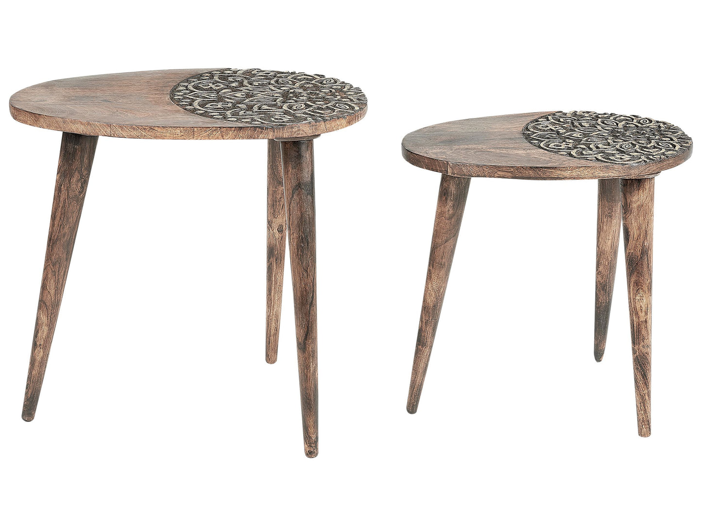 Co Dual Side Tables Dark Mango Wood With Floral Carving