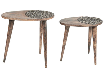 Co Dual Side Tables Dark Mango Wood With Floral Carving
