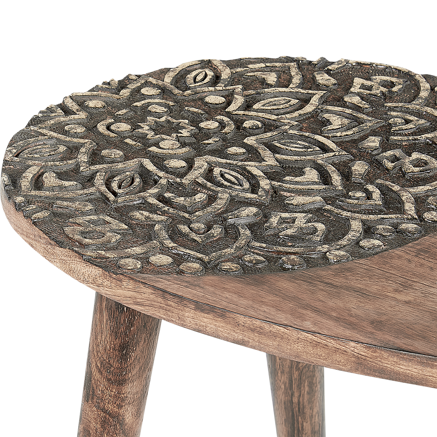 Co Dual Side Tables Dark Mango Wood With Floral Carving