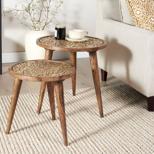 Set of 2 Mango Wood Side Tables Brown Oriental Design