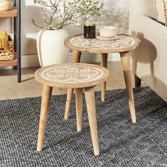 Set Of 2 Mango Wood Coffee Side Tables Oriental Design
