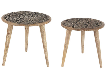 Set Of 2 Side Tables Light Mango Wood Oriental Carved
