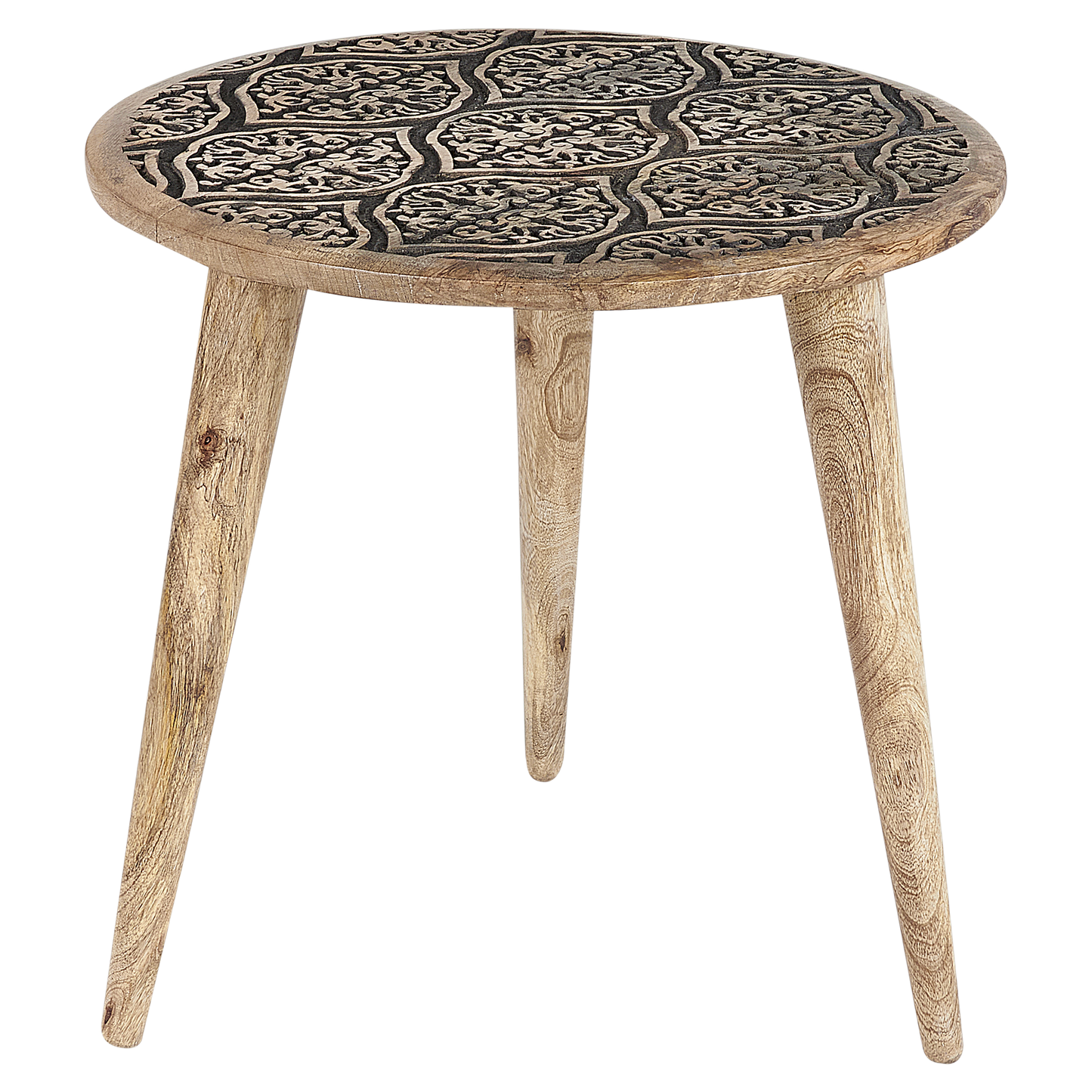 Set Of 2 Side Tables Light Mango Wood Oriental Carved