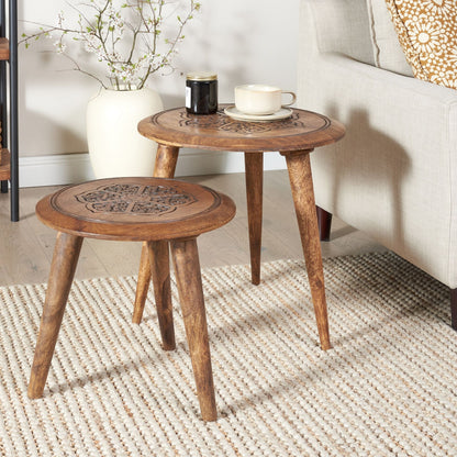 Dark Mango Wood Side Tables Set of 2 with Oriental Design for Small Living Rooms