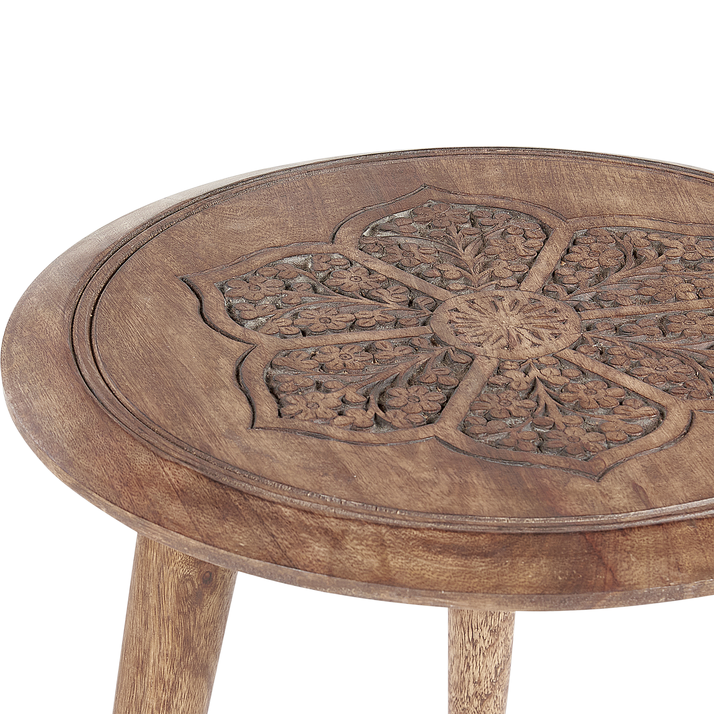 Dark Mango Wood Side Tables Set of 2 with Oriental Design for Small Living Rooms