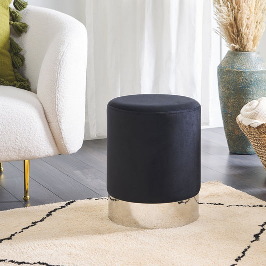 Pouffe Black Velvet With Silver Metallic Band