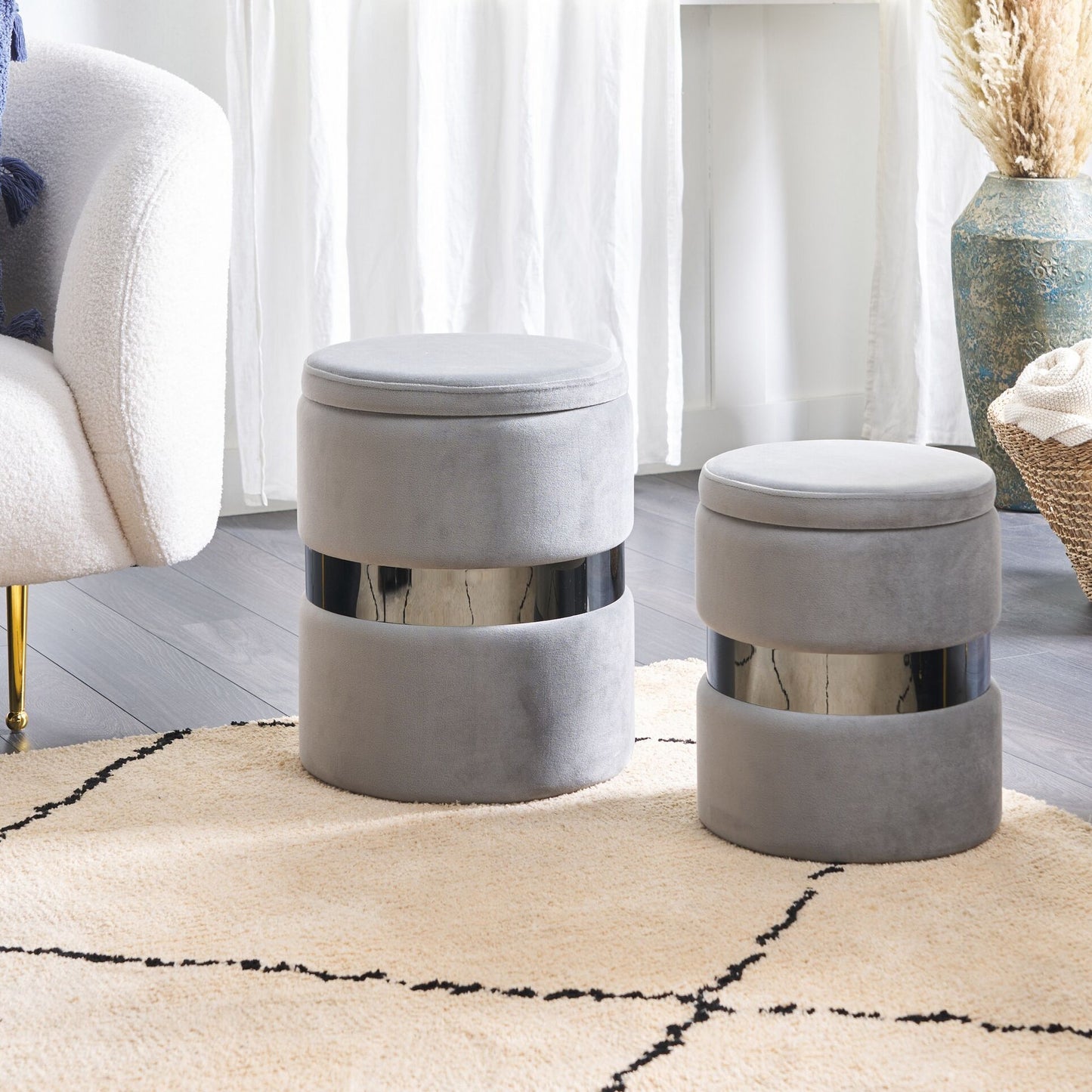 Set of 2 Grey Velvet Storage Pouffes Footstools