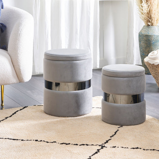 Set of 2 Grey Velvet Storage Pouffes Footstools