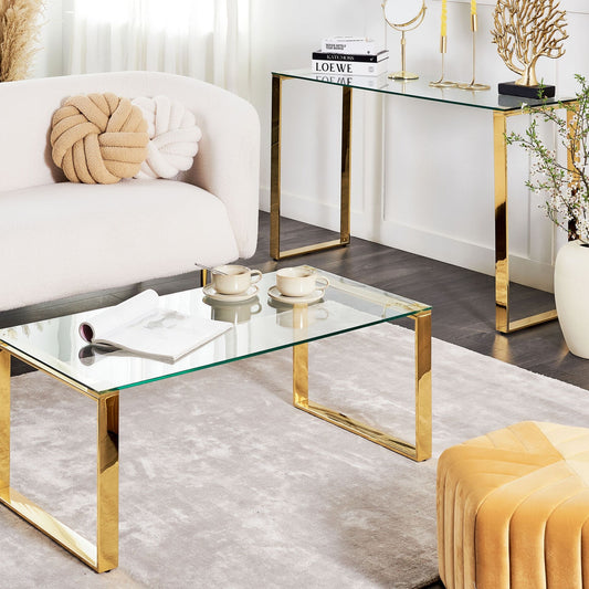 Modern Coffee Table Glass Top Gold Stainless Steel Frame 100 x 50
