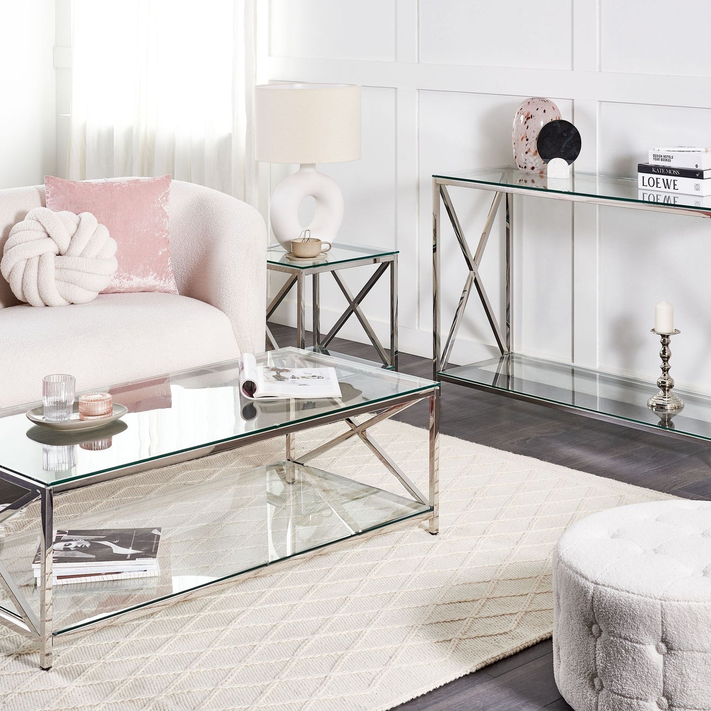 Modern Glass Coffee Table With Silver Steel Frame 120 x 60cm
