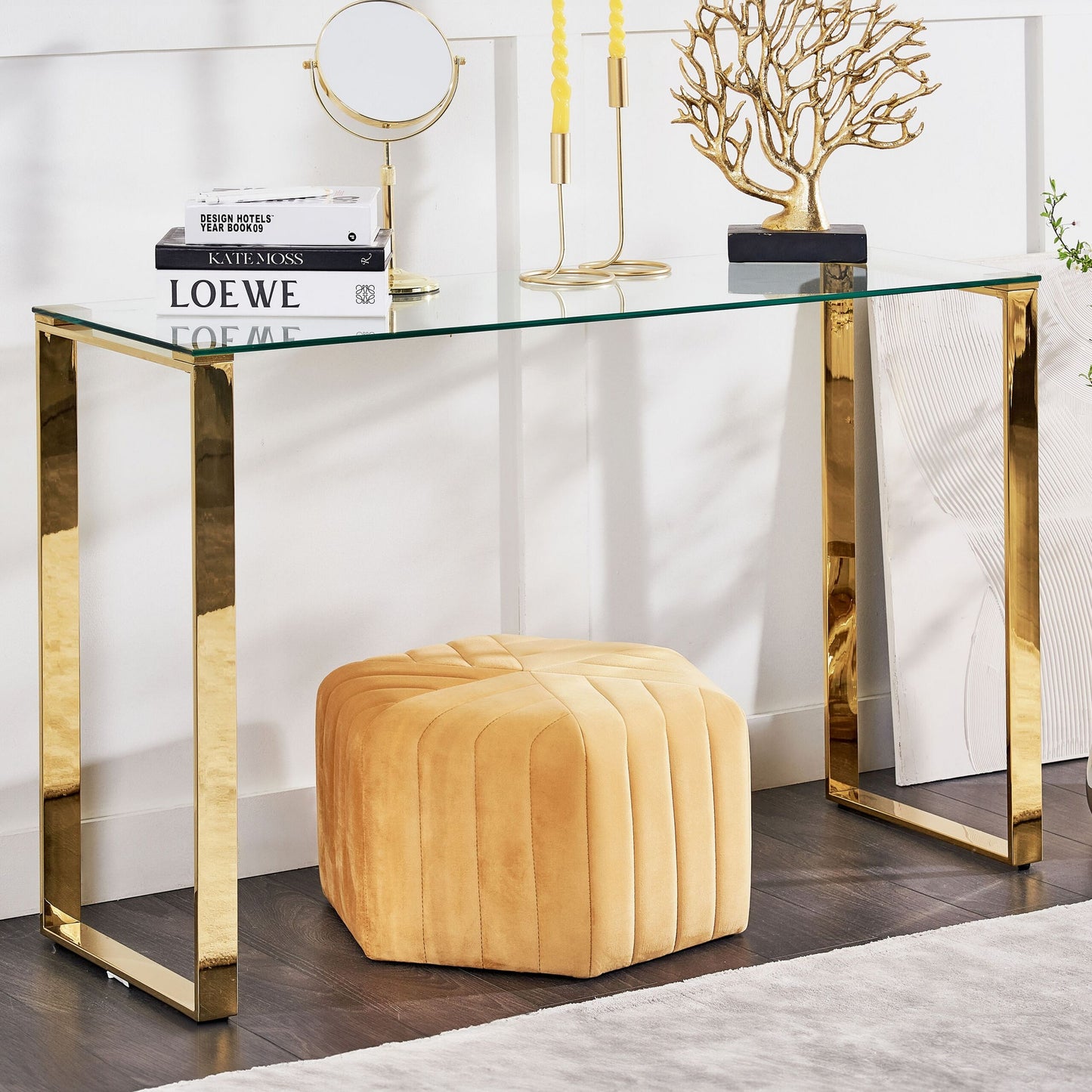 Modern Console Table Clear Glass Top With Gold Stainless Steel Frame 120 X 40cm