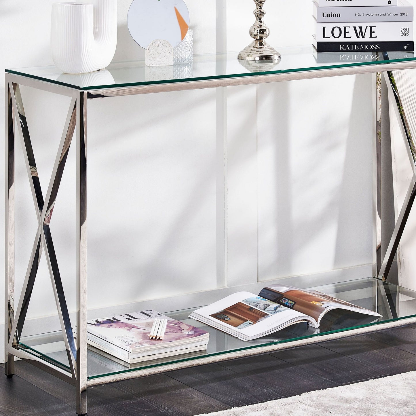 Modern Console Table With Transparent Glass Top And Silver Stainless Steel Frame 120 X 40cm