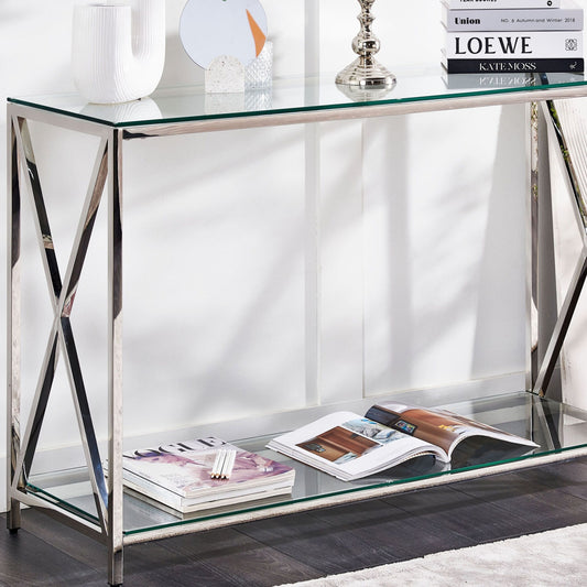 Modern Console Table With Transparent Glass Top And Silver Stainless Steel Frame 120 X 40cm