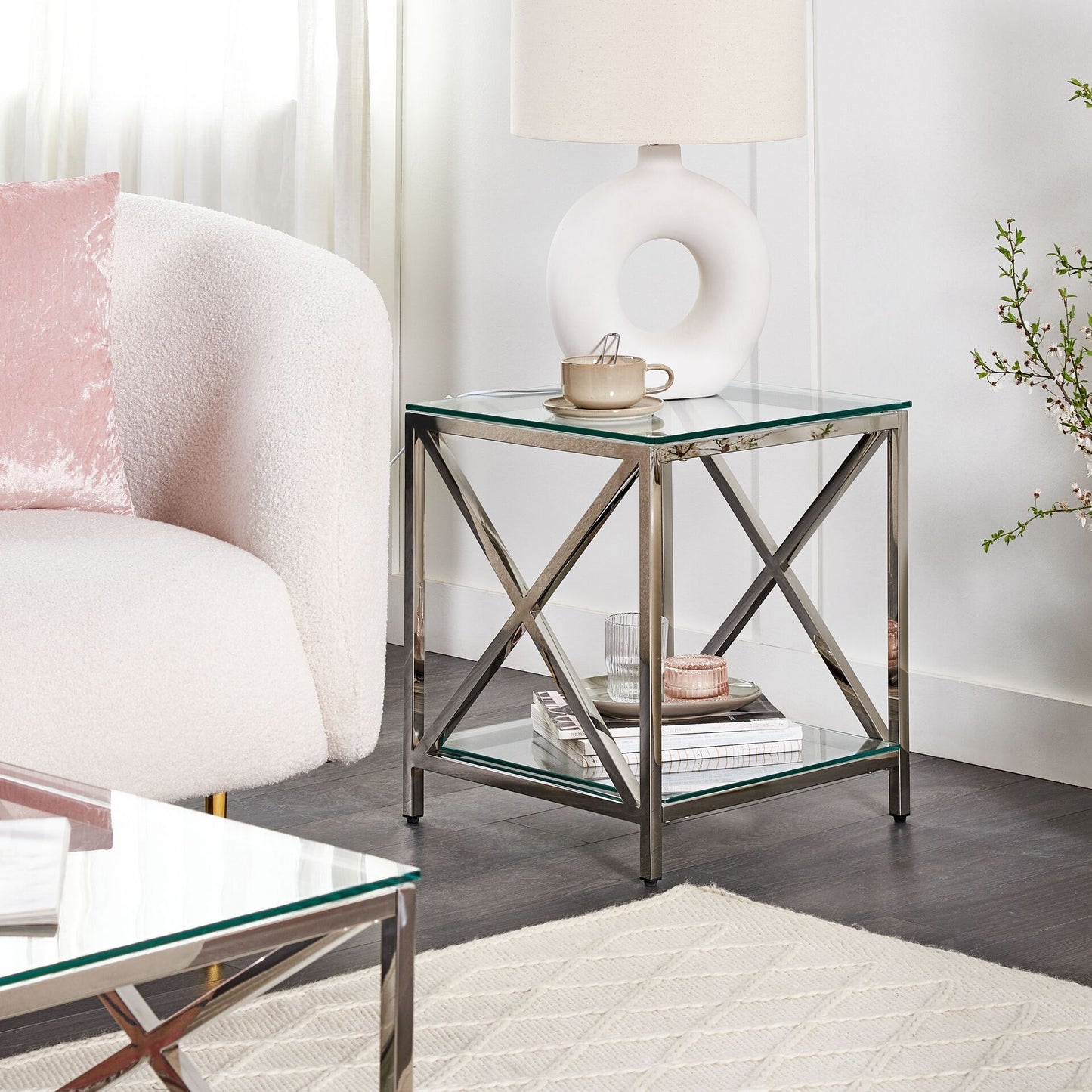 Glass Side Table Stainless Steel Frame 45 x 45cm