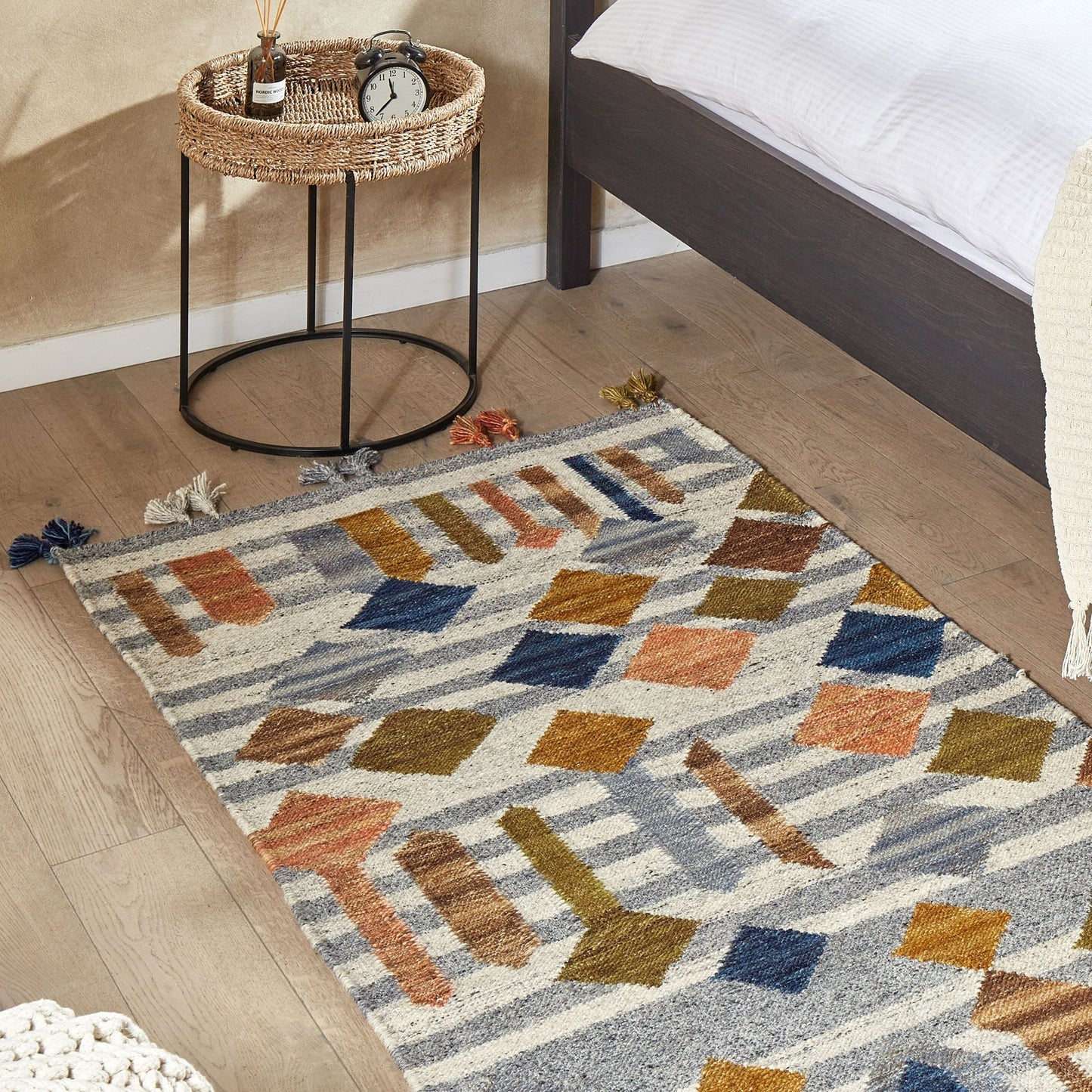 Kilim Multicolour Boho Wool Cotton Rug 80 x 150cm Handmade Tassels