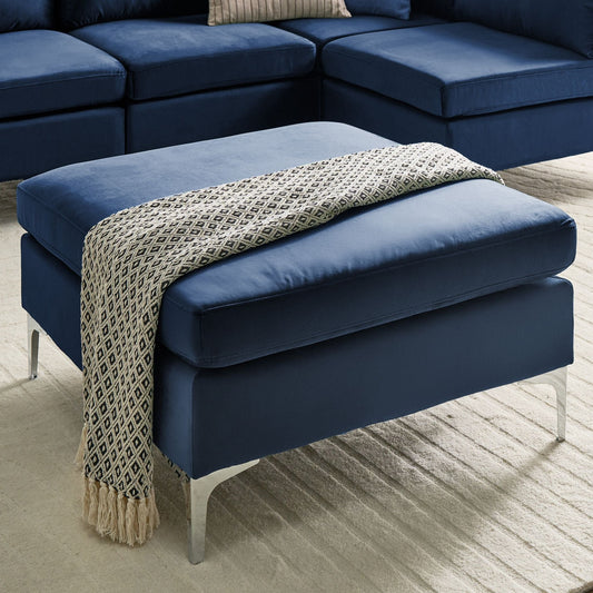 Velvet Glam Ottoman Blue Velvet Top Pillow Silver Legs