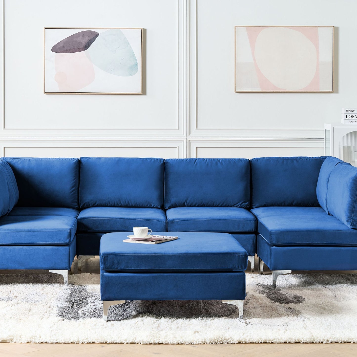 Modular Sofa Blue Velvet U Shape 6 Seater Ottoman